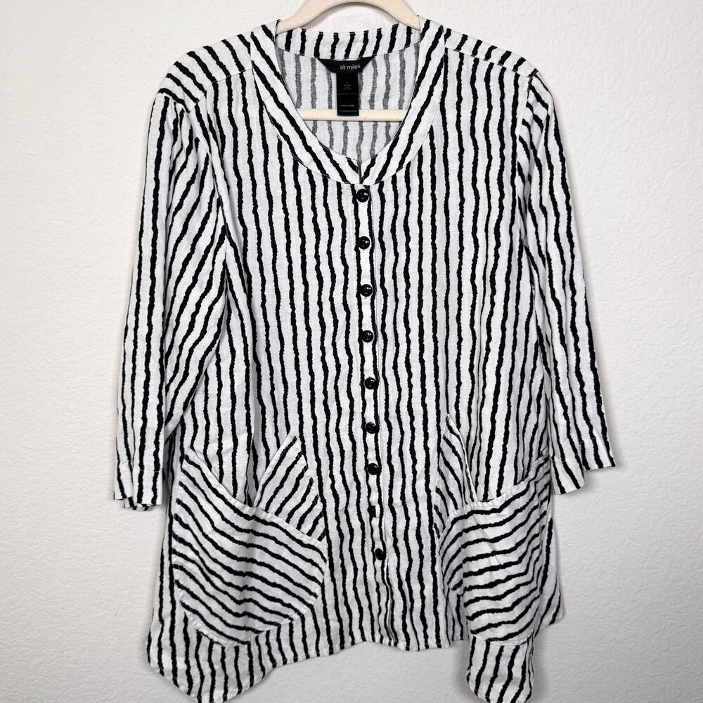 Ali Miles Womens Button Tunic Top Shirt Size L 100% Linen Artsy Striped Black